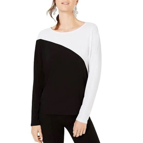 NWT INC INTERNATIONAL CONCEPTS Colorblock Top Dolman LS Black White Womens Small - Picture 1 of 11